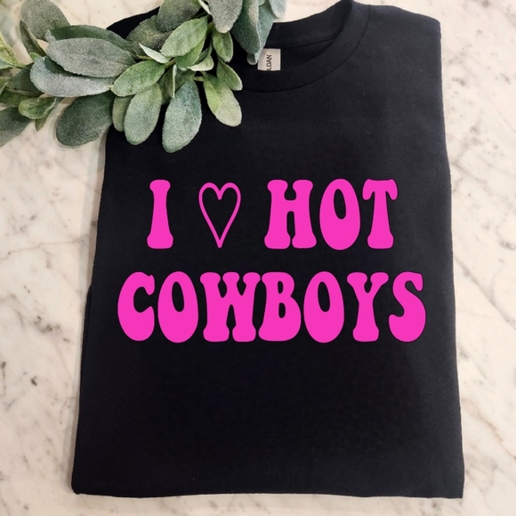 Funny shirt retro I love hot cowboys humor black and pink western - Picture 1 of 1